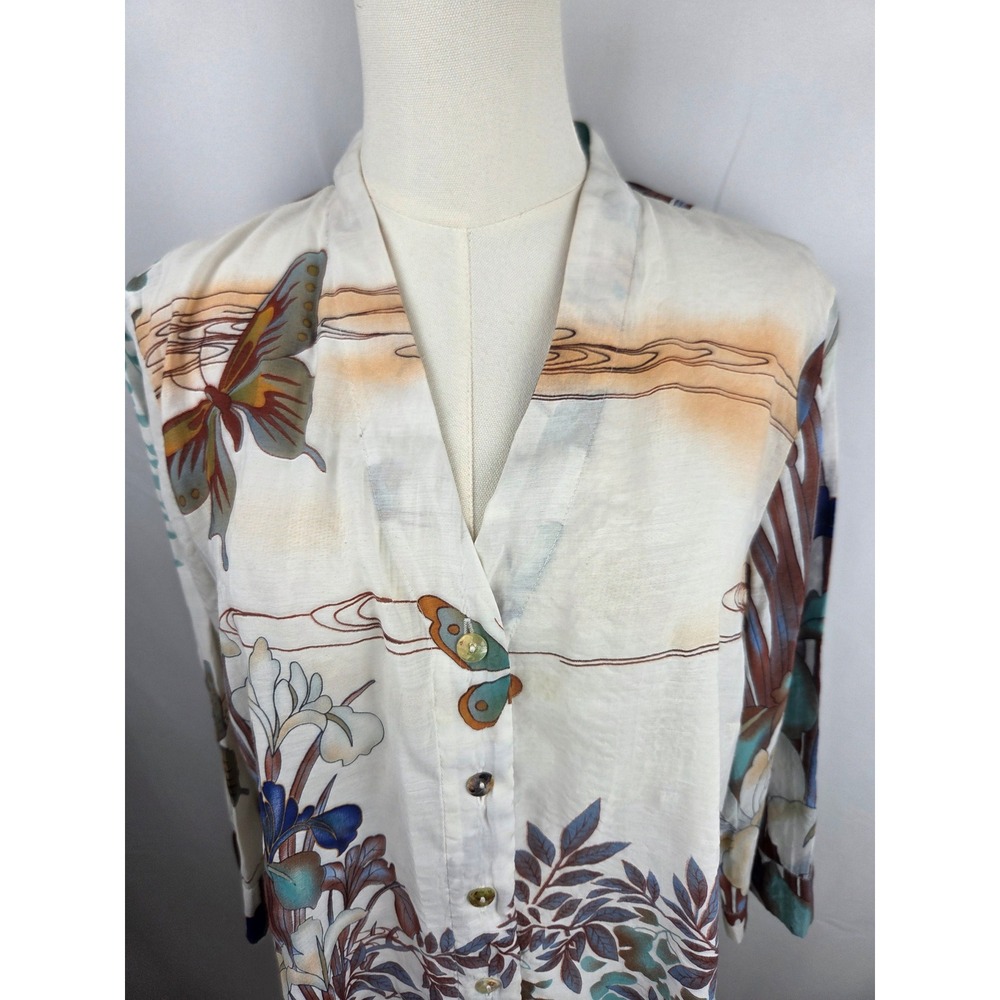 Citron Santa Monica Tunic Large White Butterfly Bamboo Rayon Button Down Artsy - Picture 2 of 9